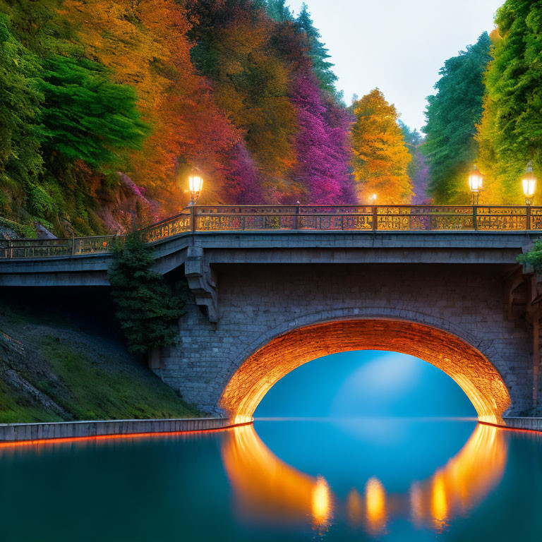 Stone bridge over calm waters at dusk with illuminated lamps and autumn trees