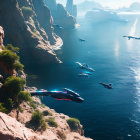 Futuristic ships over serene sea and towering rock formations