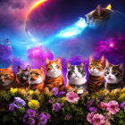 Five animated cats surrounded by purple flowers under a colorful night sky