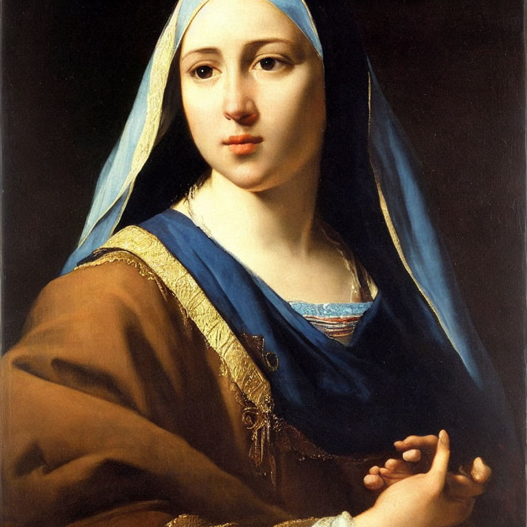 Portrait of Woman in Brown Robe with Blue Headscarf and Contemplative Expression