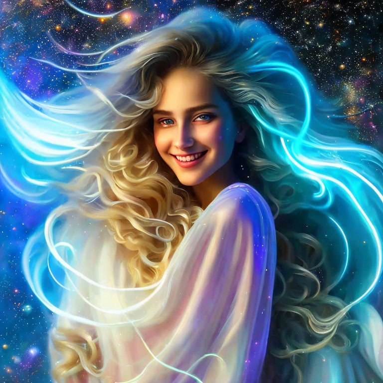 Digital illustration of smiling woman with blonde hair in blue energy on starry night sky