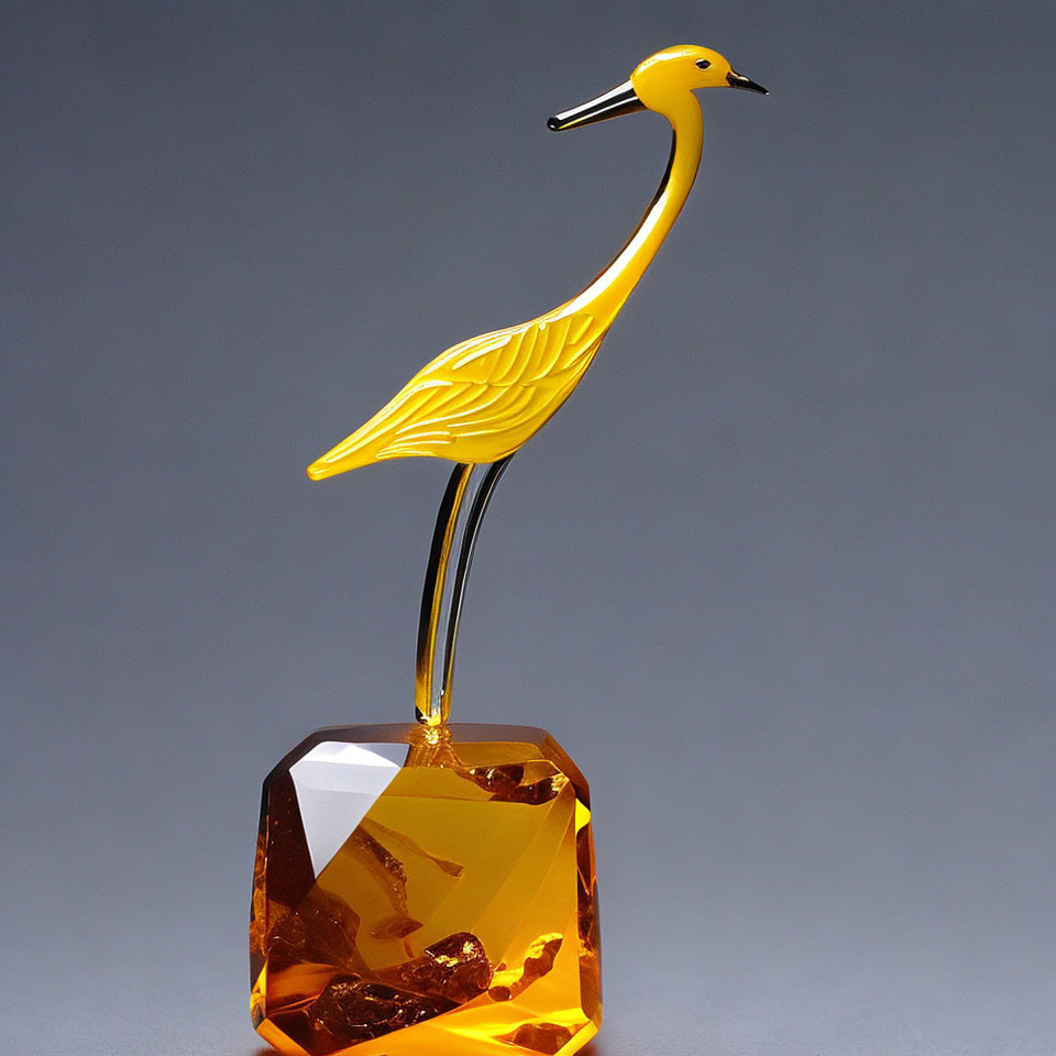 Yellow Bird Glass Sculpture on Amber Crystal Base