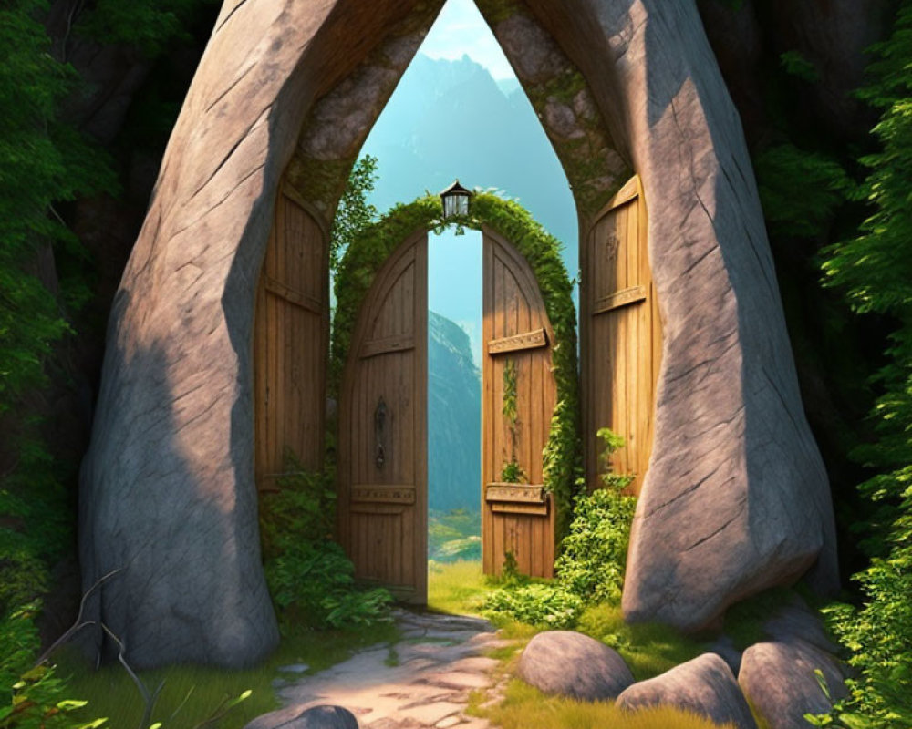 Large Wooden Doors Set in Stone Archway Amid Lush Greenery Opening to Distant Mountain