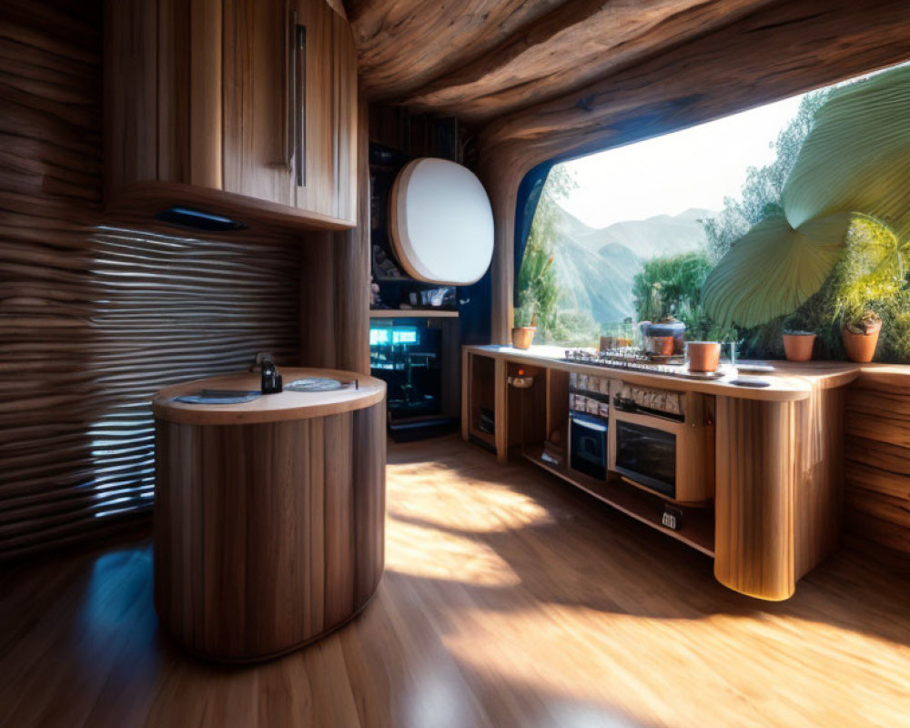 Curved wooden cabinets and round island in modern kitchen with mountain view