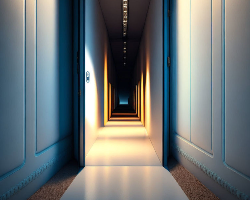 Narrow corridor with closed doors and warm lighting