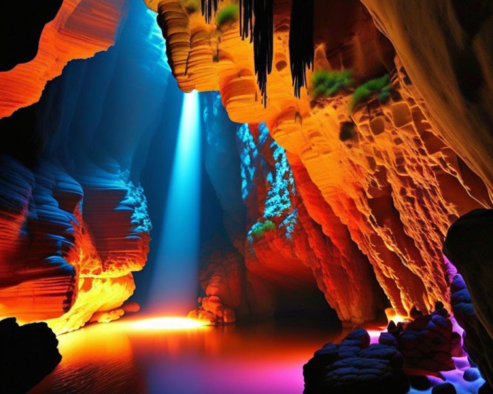Ethereal slot canyon illuminated by vibrant light beams
