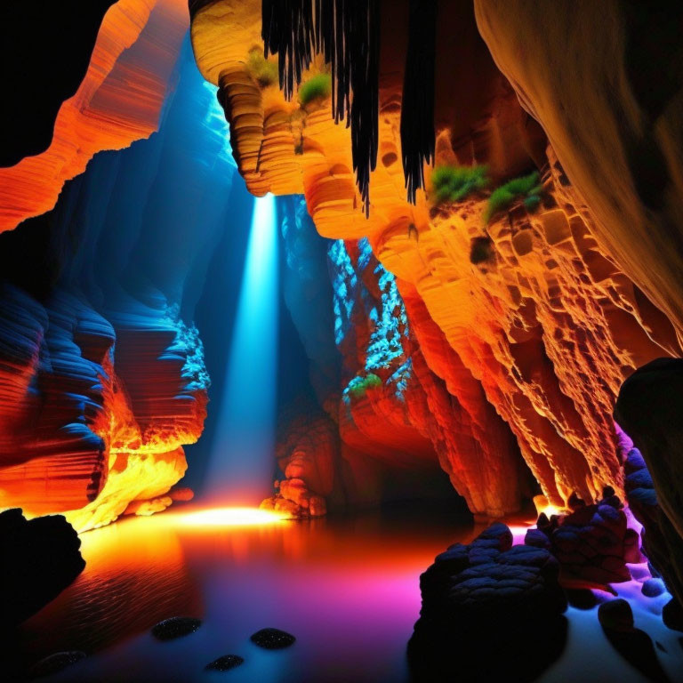 Ethereal slot canyon illuminated by vibrant light beams