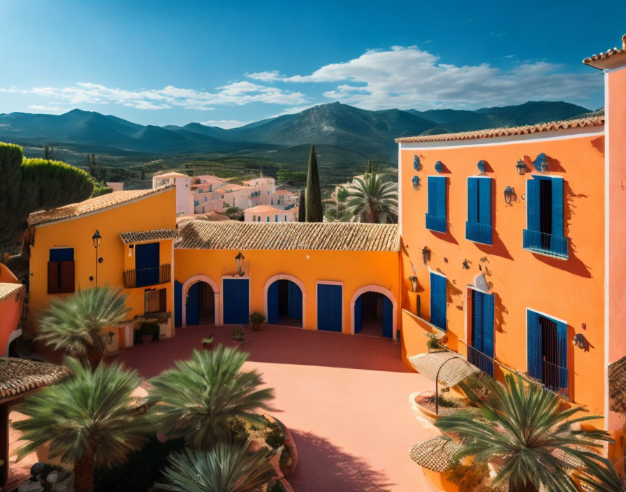 Colorful Spanish-style buildings with terracotta roofs against mountain backdrop