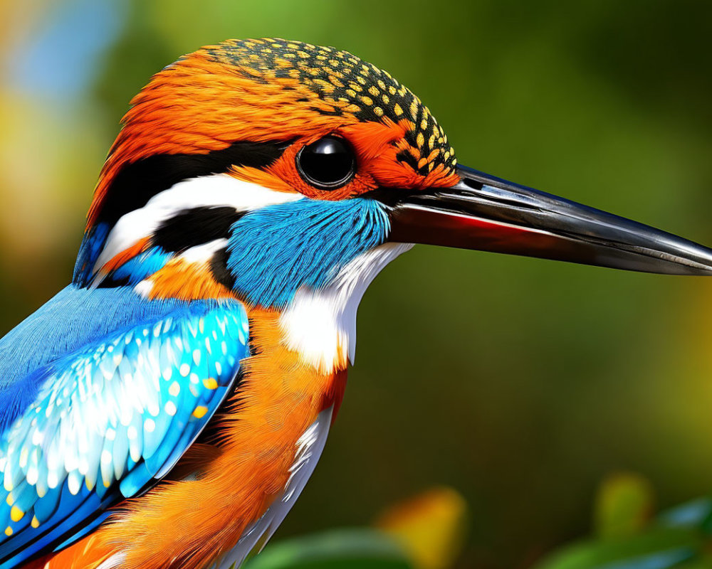 Colorful Kingfisher with Orange, Blue, and White Plumage on Green Background