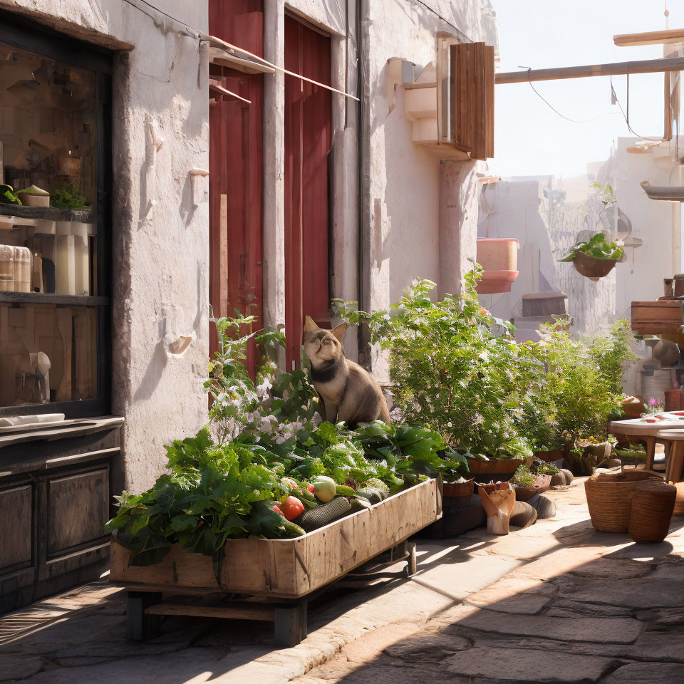 Sunlit European alley with potted plants, vegetables, and a cat on a cart.