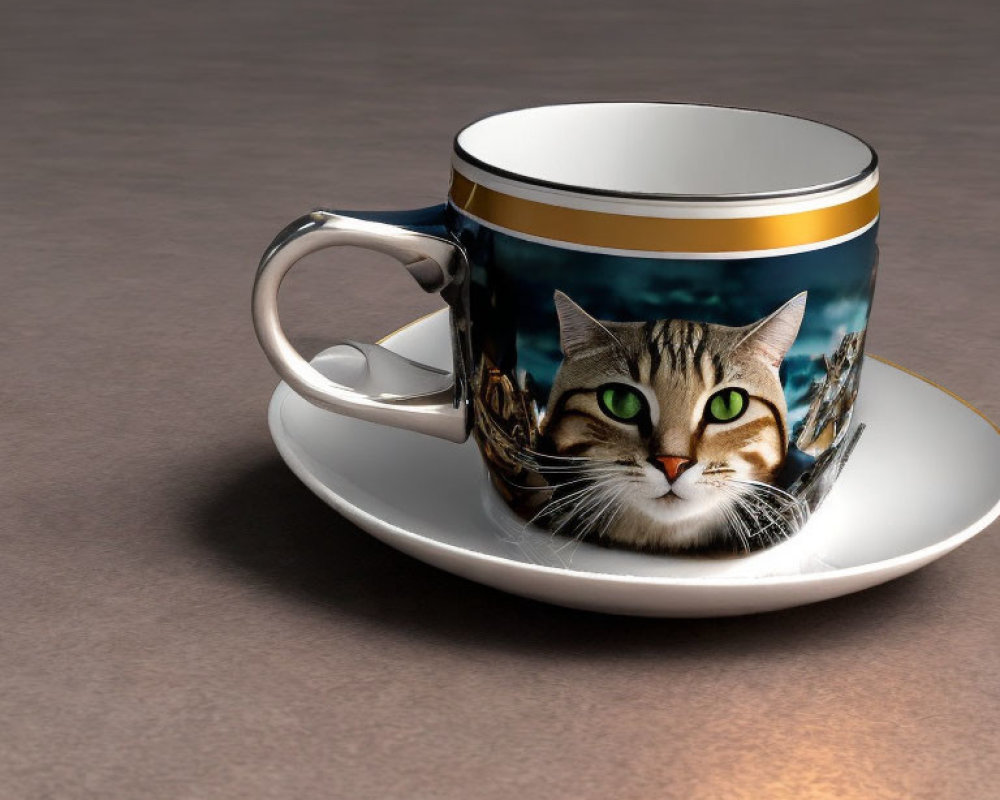 Cat Face Design Cup on Saucer on Textured Surface