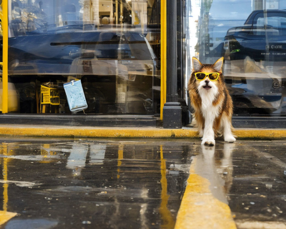 Cat with Yellow Sunglasses on Wet Pavement by Storefront