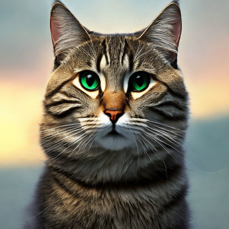 Tabby Cat Close-Up with Green Eyes and Facial Markings