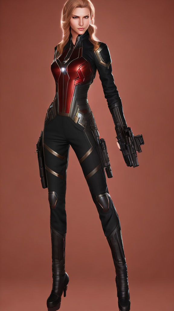 Futuristic black and red superhero costume with light-emitting patterns