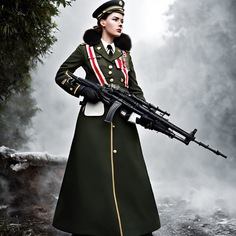 Female soldier in uniform with rifle and medals in misty forest.