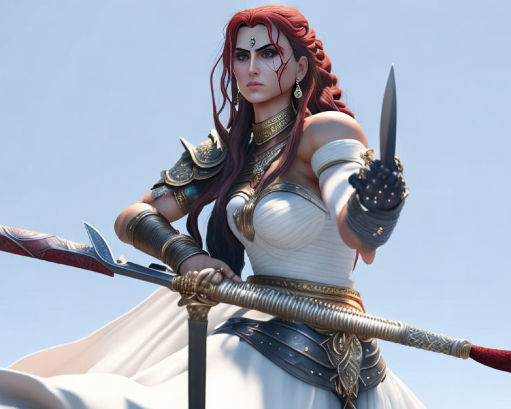 Warrior woman digital artwork with red hair in white dress and golden armor