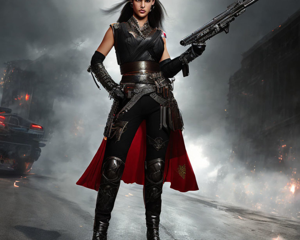 Warrior woman in black and red cape wields futuristic rifle in smoky ruins