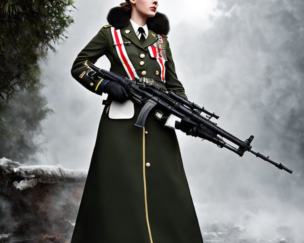 Female soldier in uniform with rifle and medals in misty forest.