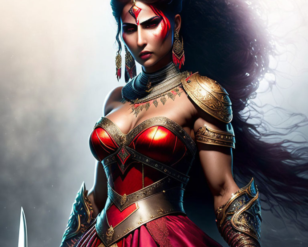 Female warrior with dark hair, red face paint, gold armor, and dagger