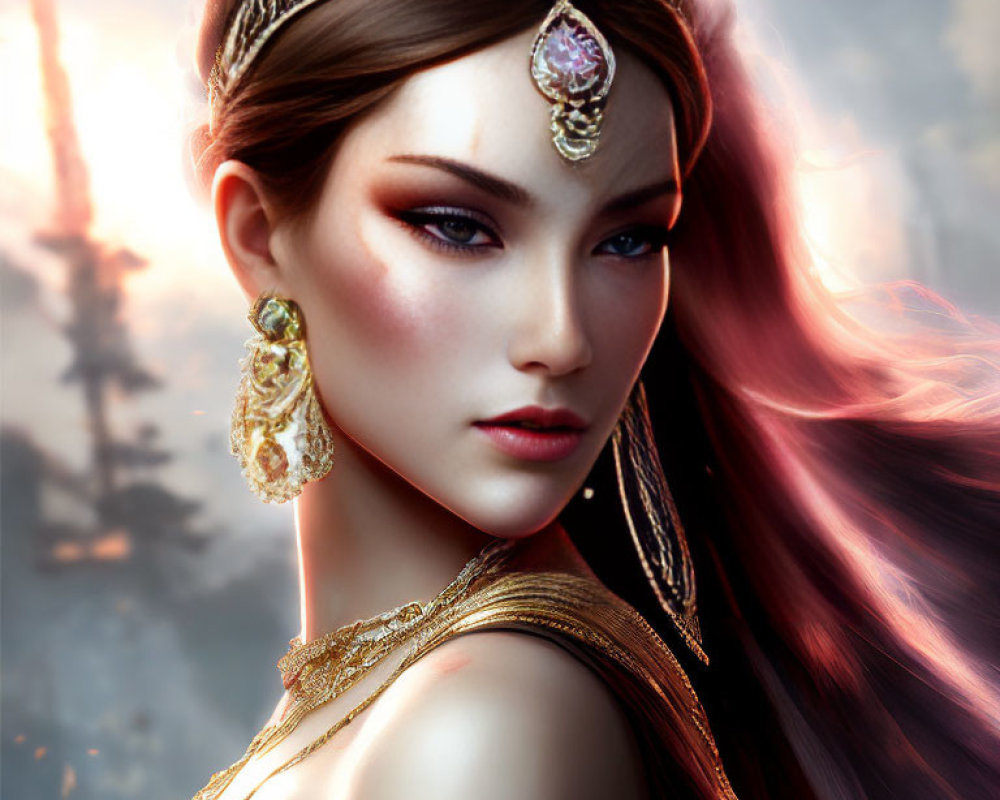 Regal woman digital artwork with pink hair and gold crown