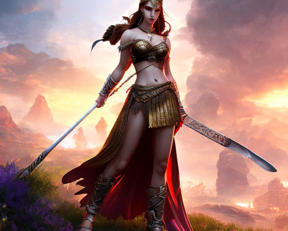 Fantasy warrior woman in gold-trimmed armor wields sword at sunset