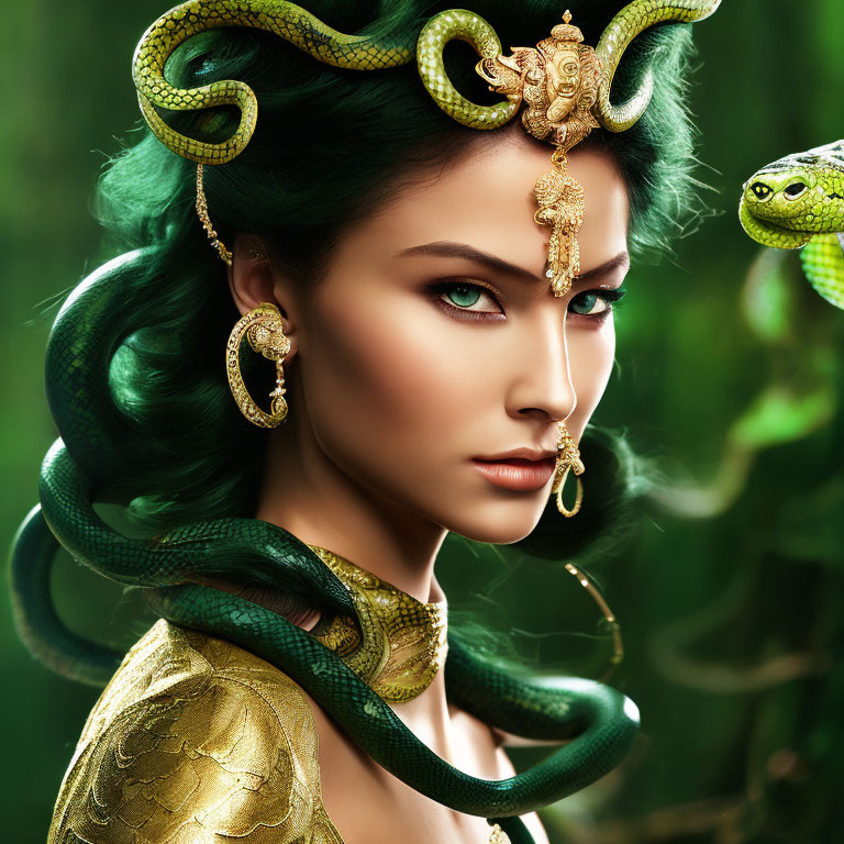 Woman with Green Hair and Snake Headdress in Lush Green Setting