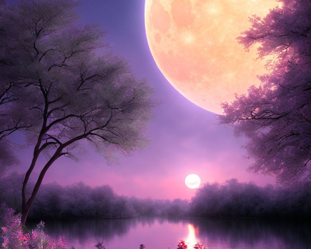Purple-hued landscape with vivid moon over tranquil lake and silhouetted trees under twilight sky