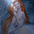 Red-haired woman in white dress embraces head sculpture in ethereal blue setting