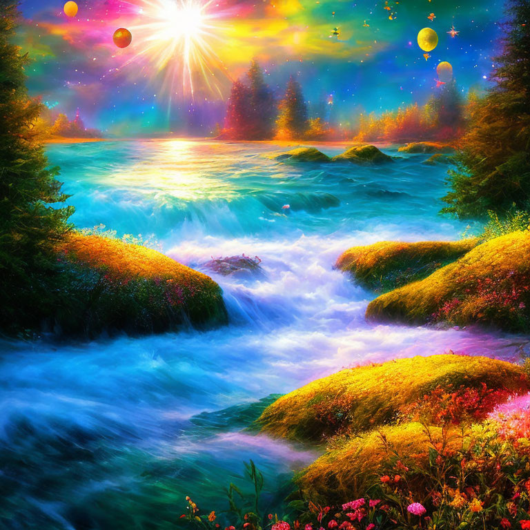 Colorful landscape with river, flowers, sun, balloons, starry sky