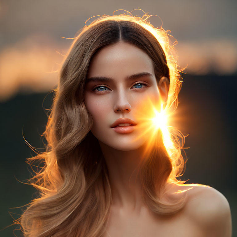 Serene woman with flowing hair in golden hour backlight