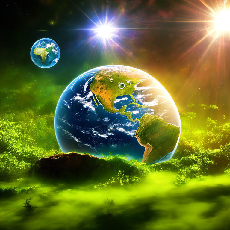 Artwork featuring Earth, planets, bursts of light, and lush greenery