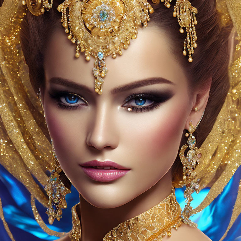 Portrait of Woman with Striking Blue Eyes and Gold Jewelry