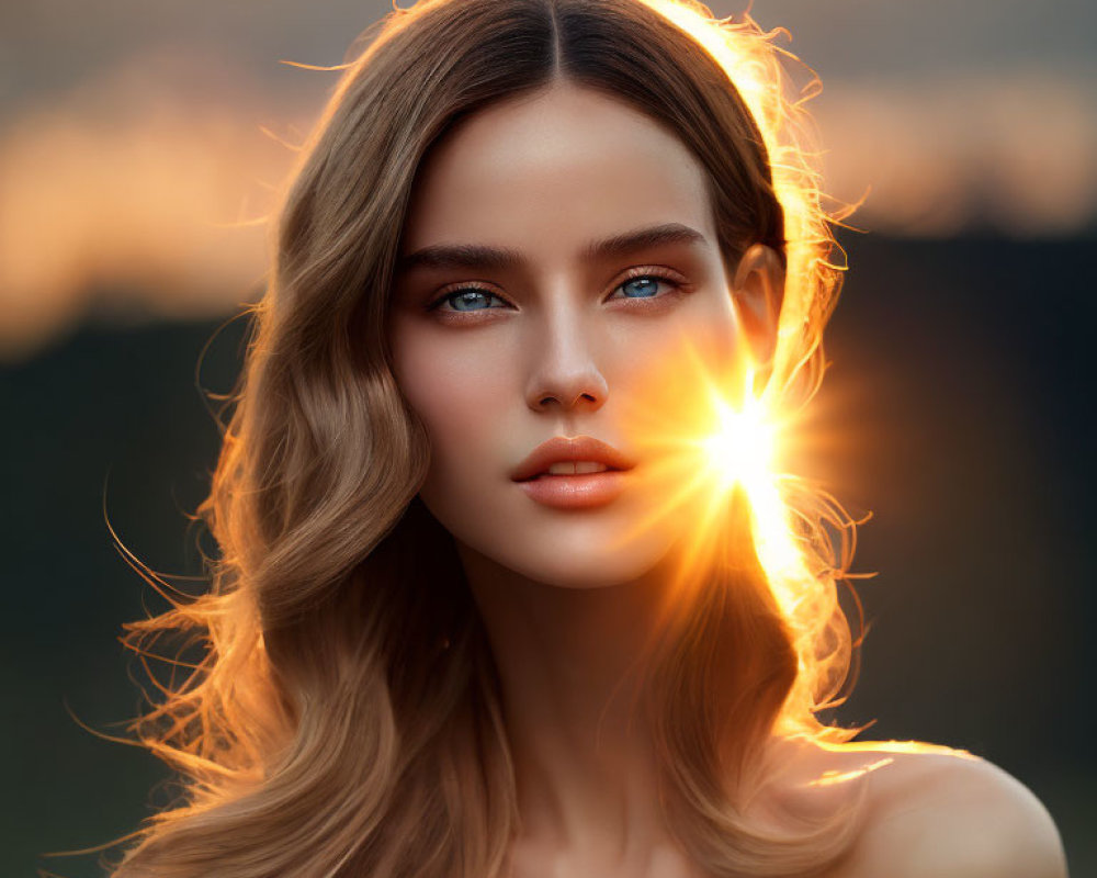 Serene woman with flowing hair in golden hour backlight