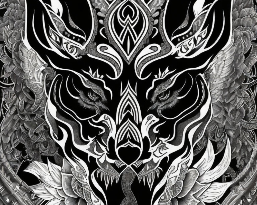 Symmetrical ornate wolf head with intricate floral patterns