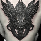 Intricate black ink dragon tattoo on chest with scales and wings.