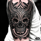 Detailed black and grey ornate skull tattoo on arm with intricate patterns