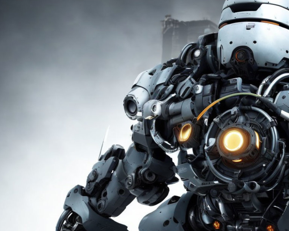 Detailed humanoid robot with glowing yellow eyes and intricate mechanical parts on misty background