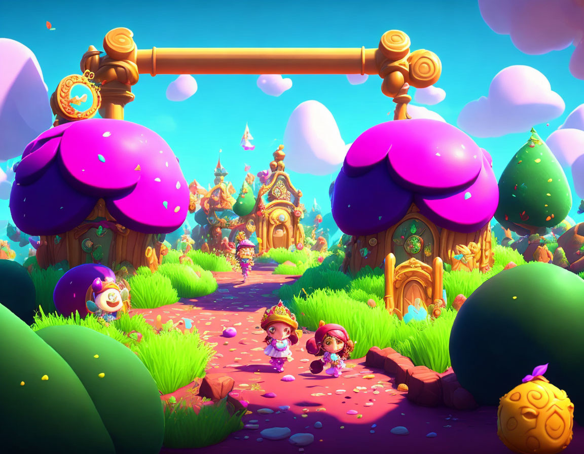 Whimsical mushroom houses in a vibrant fantasy world