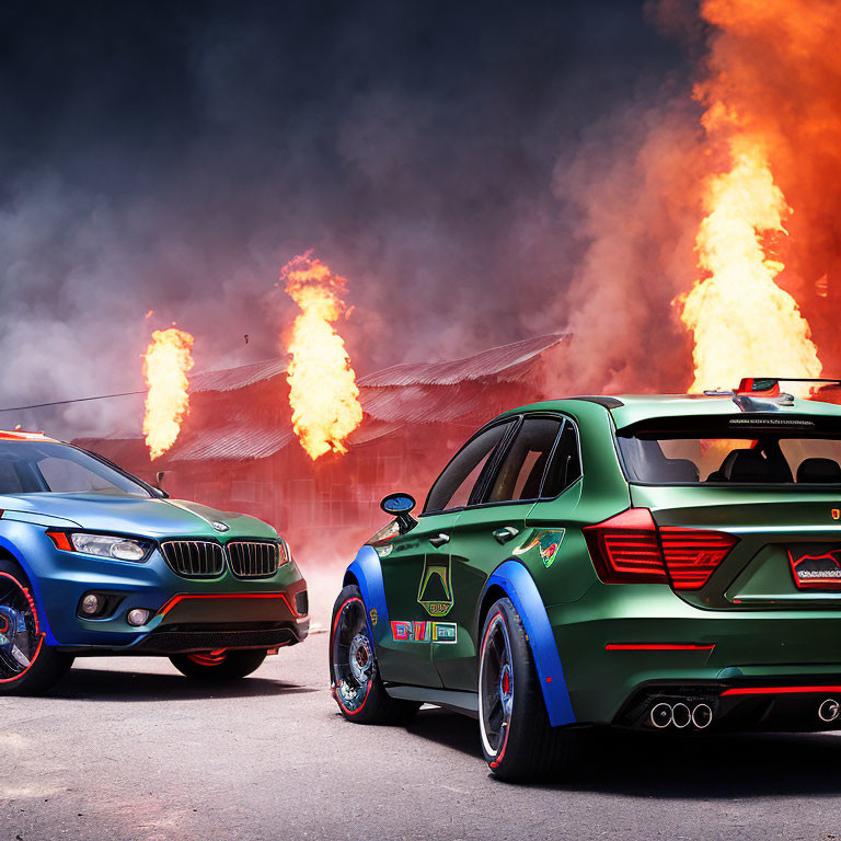 Custom-painted cars with aggressive body kits in dramatic flame-filled standoff