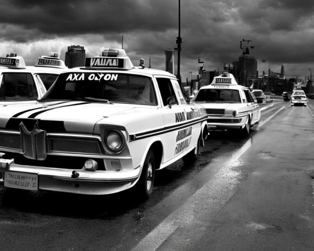Vintage Taxis on Rainy Urban Street with Stormy Sky