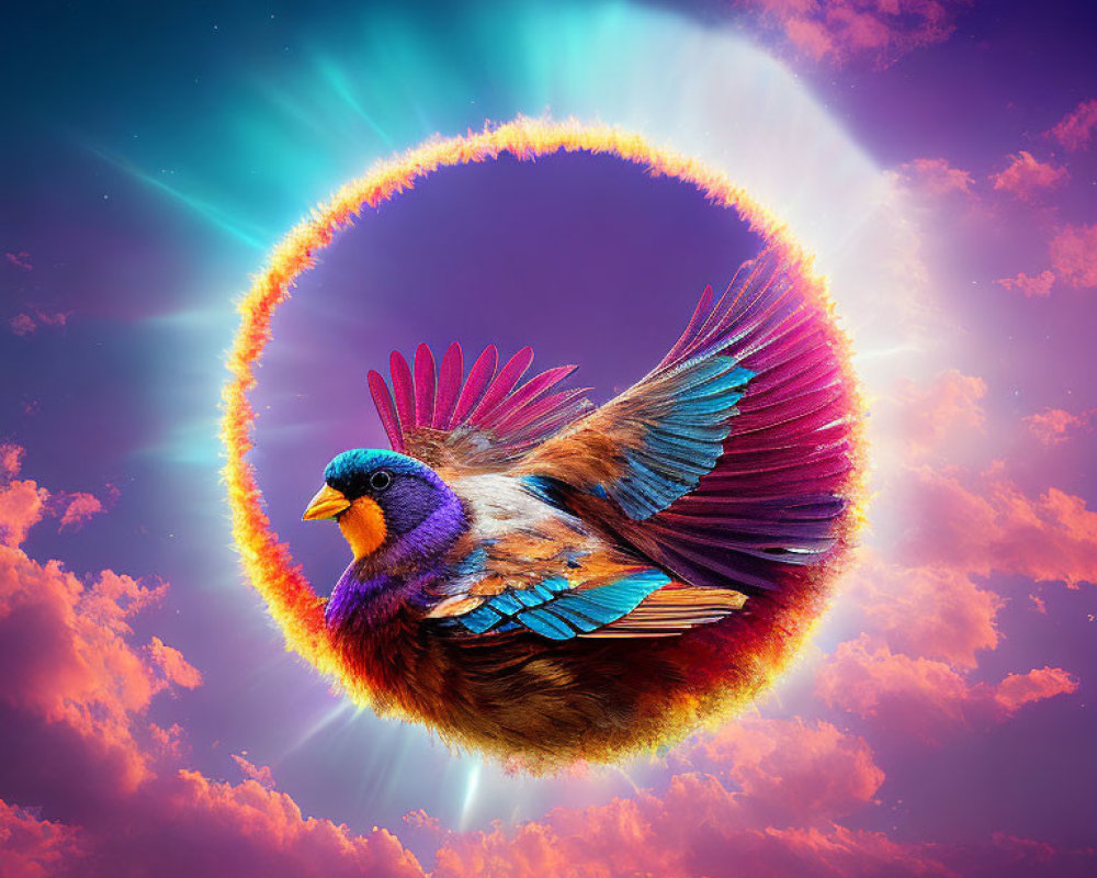 Colorful Bird with Outstretched Wings in Fiery Ring on Dreamy Sky