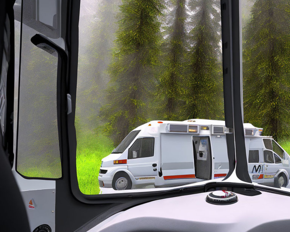 Ambulances parked in misty forest scene