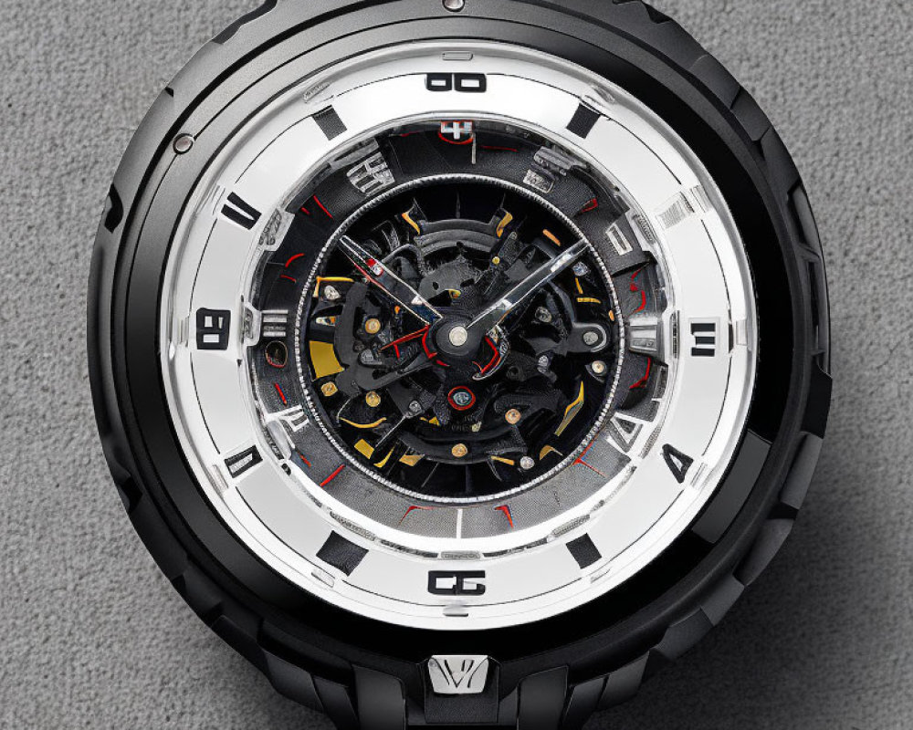 Luxurious Black and Silver Skeleton Dial Watch with Red Accents