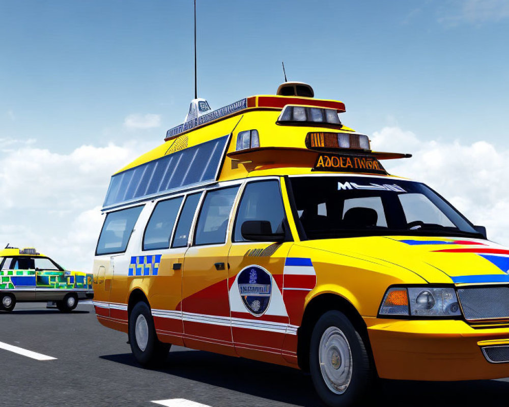 Vibrant 3D rendering of yellow and red ambulance minivan on road