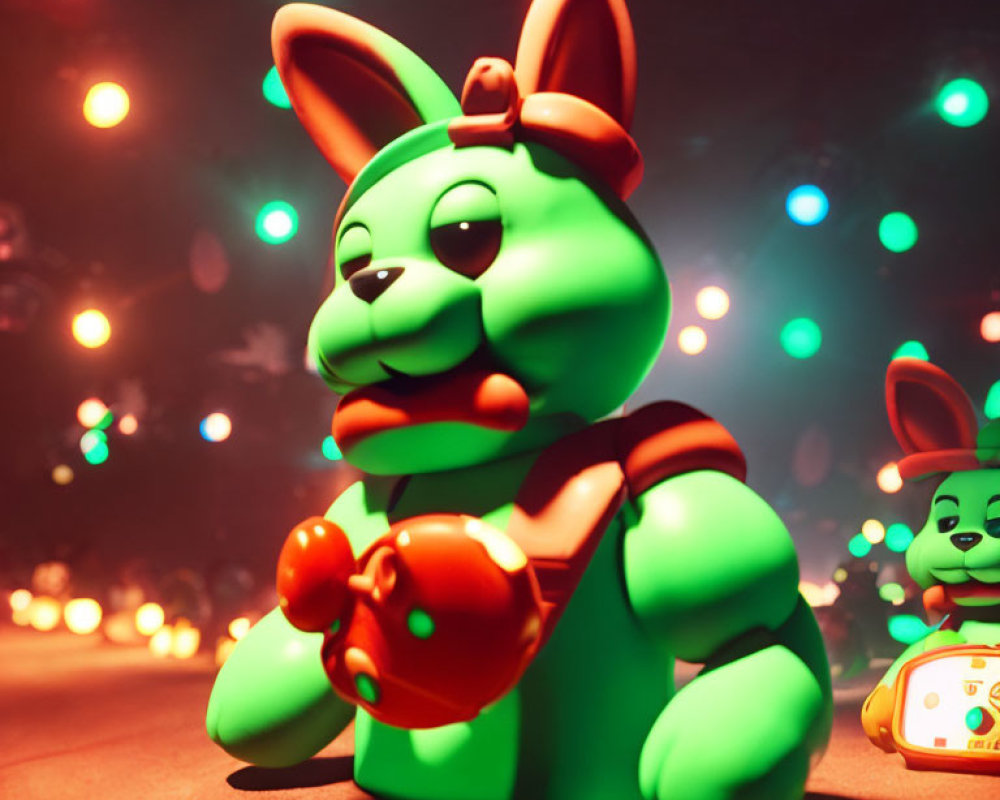 Green Inflatable Bunny with Yo-Yo and Red Cap in Colorful Bokeh Lights