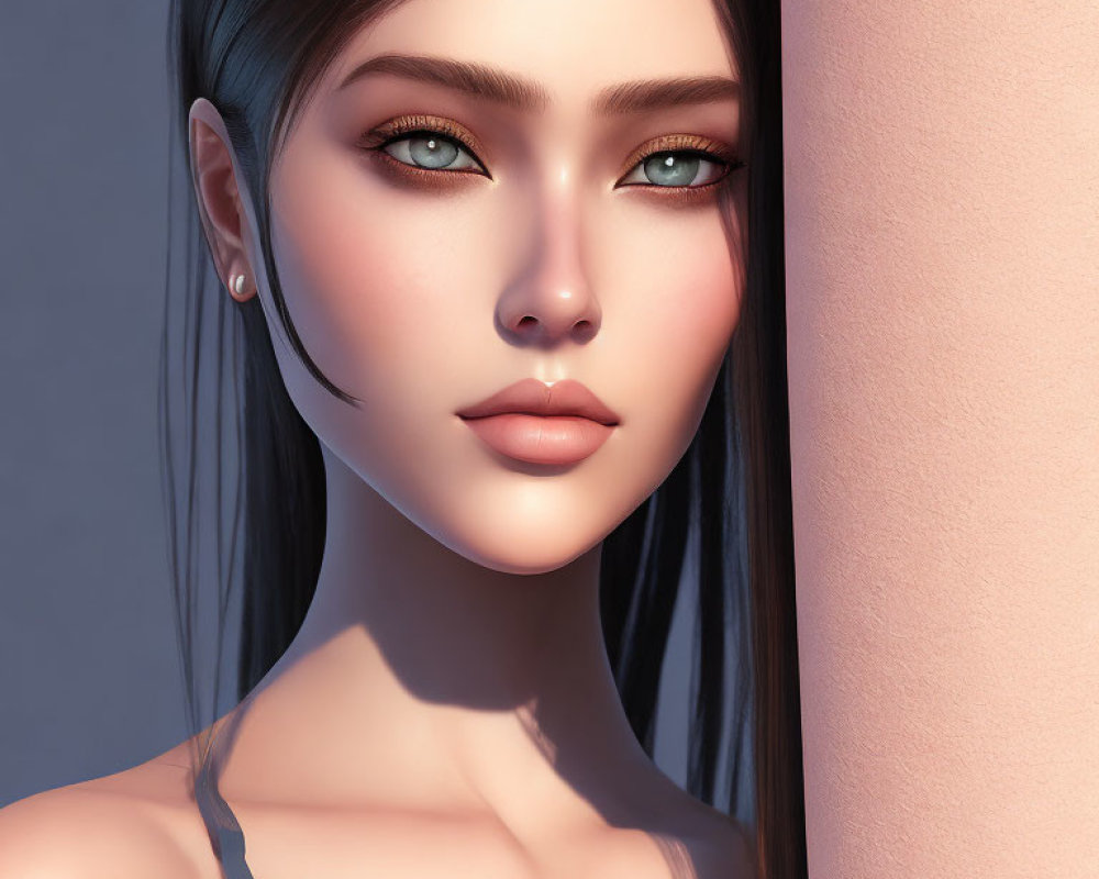 3D-rendered female character with green eyes, fair skin, dark hair, and delicate facial features