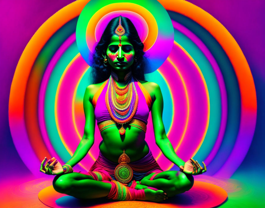 Colorful Meditating Figure with Multiple Arms and Neon Circles