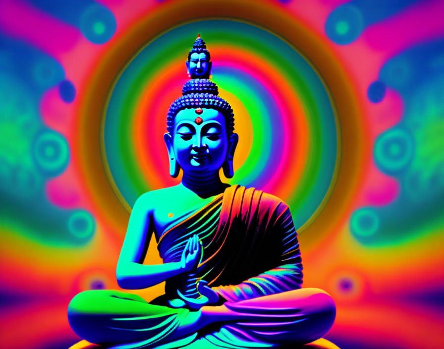 Colorful Digital Art: Seated Buddha in Meditation with Rainbow Background