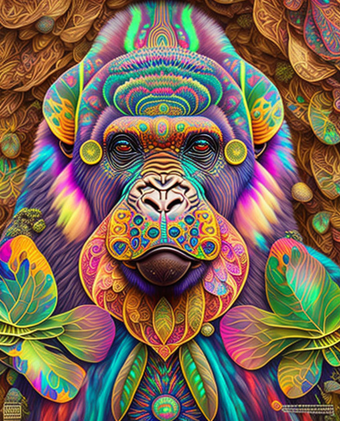 Colorful Psychedelic Gorilla Illustration with Leaf-like Designs