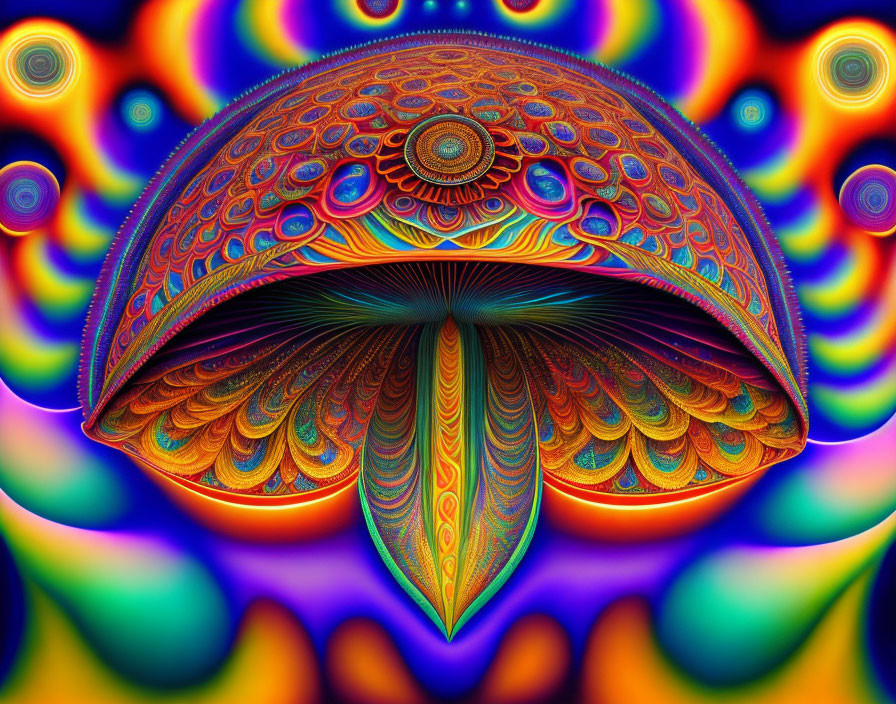 Colorful psychedelic fractal art featuring intricate peacock feather motif